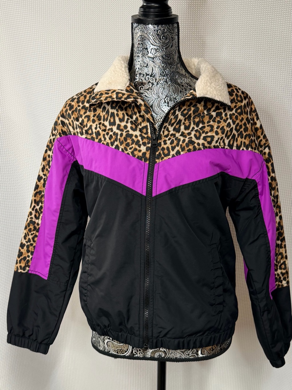 American Eagle Outfitters Black and Purple Leopard-Trim Bomber Jacket